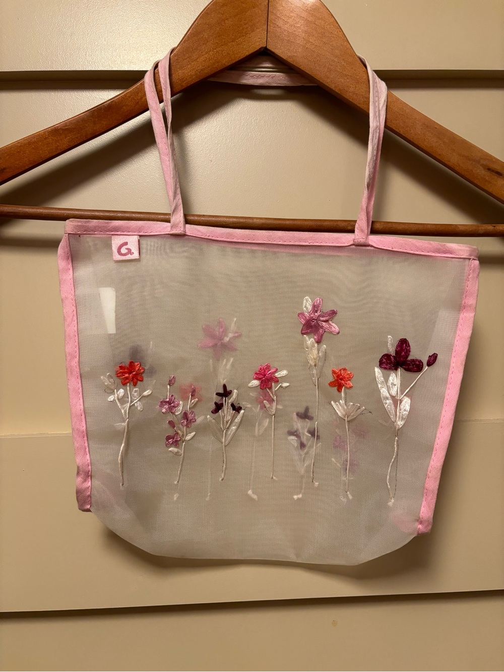 VINTAGE Y2K Sheer Mesh Floral Embroidery Pink Trim Handle Italian Mini Tote Bag